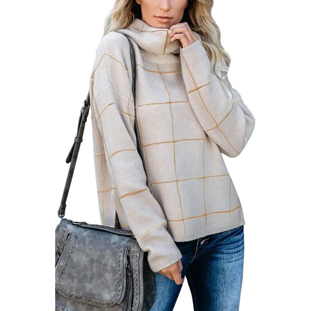 🆕 Women Cream Casual Long Sleeve Sweatshirt Turtleneck Sweaters Fit Jumper Tops